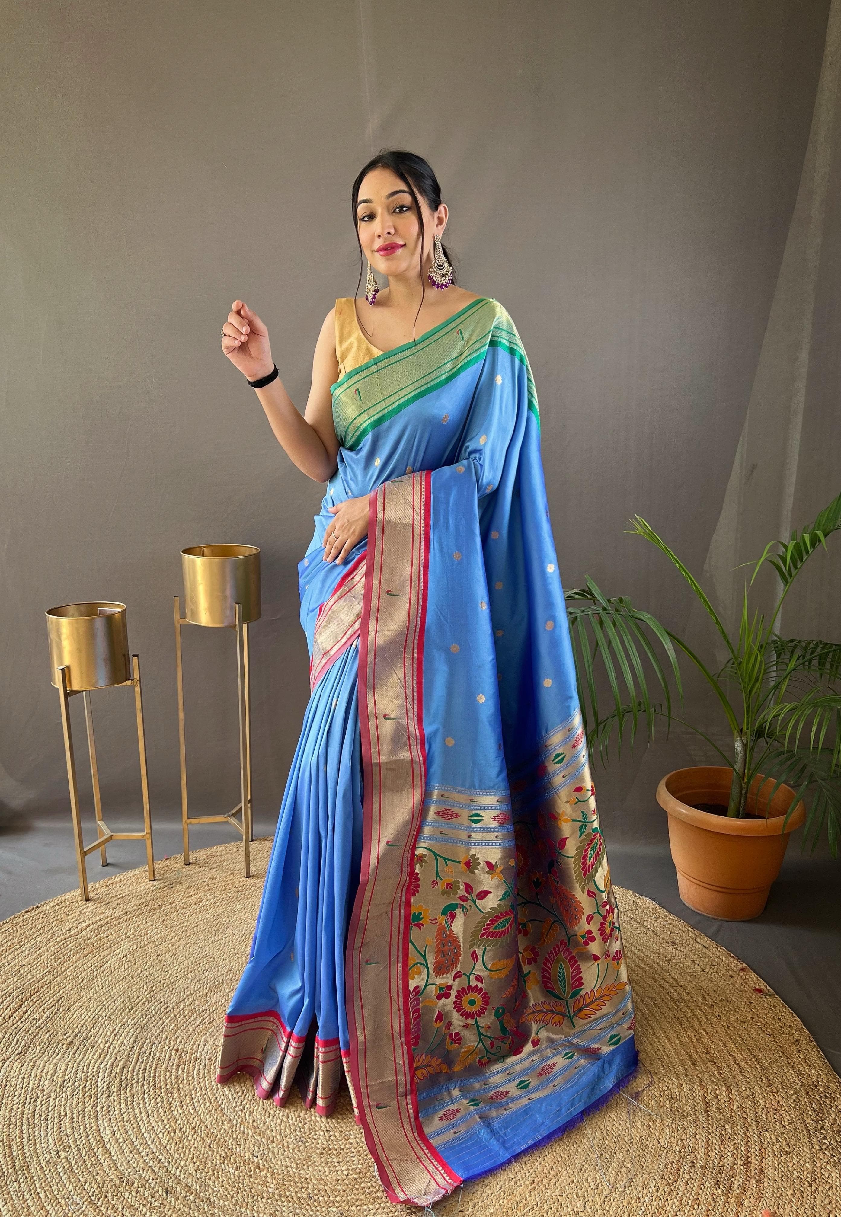 Aakashi Powerloom Paithani Silk Ready To Wear Pocket saree