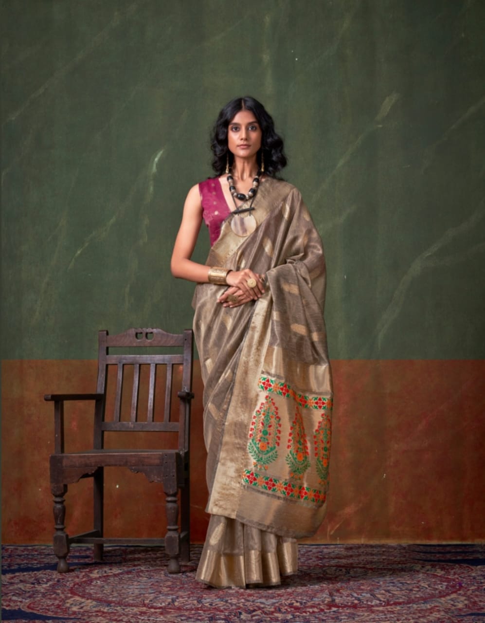 Ayati (B) Paithani Zari Tissue Silk Ready To Wear Pocket Saree