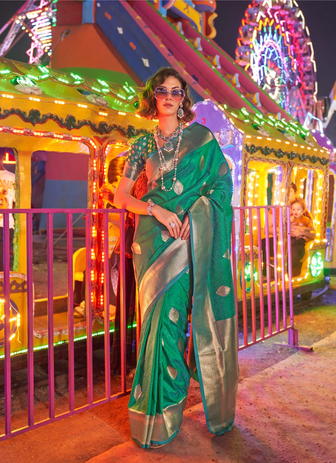 Carnival Green Silk Ready To Wear Pocket Saree