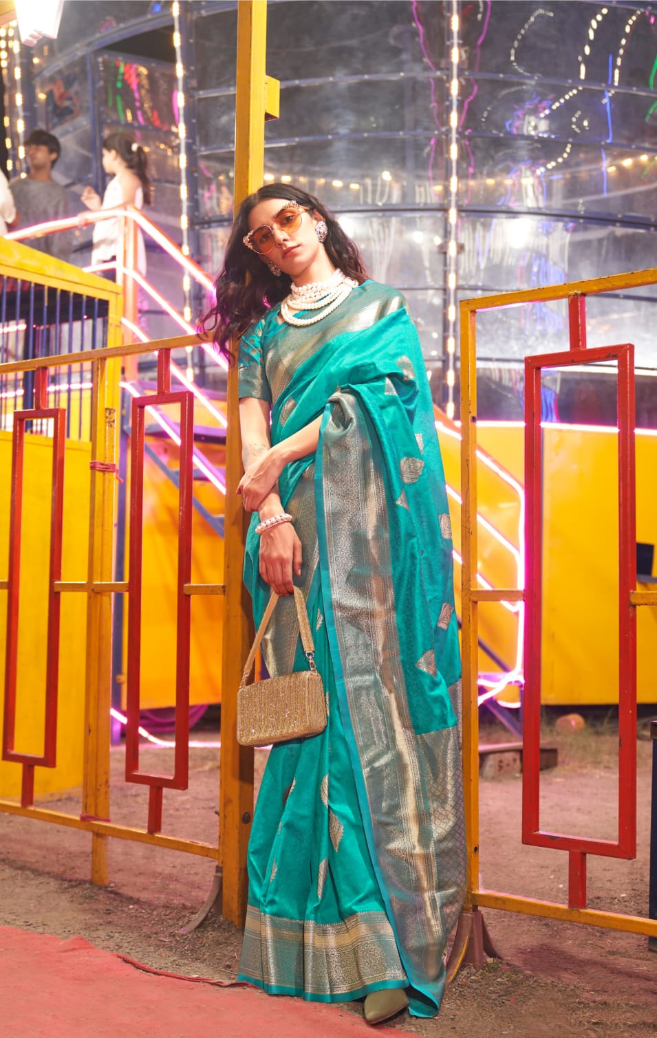 Carnival Teal Green Silk Ready To Wear Pocket Saree