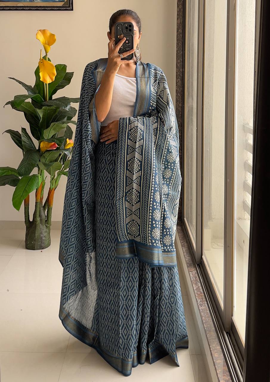 Mulmul Cotton (Blue) Bandhani Printed Ready To Wear Pocket Saree
