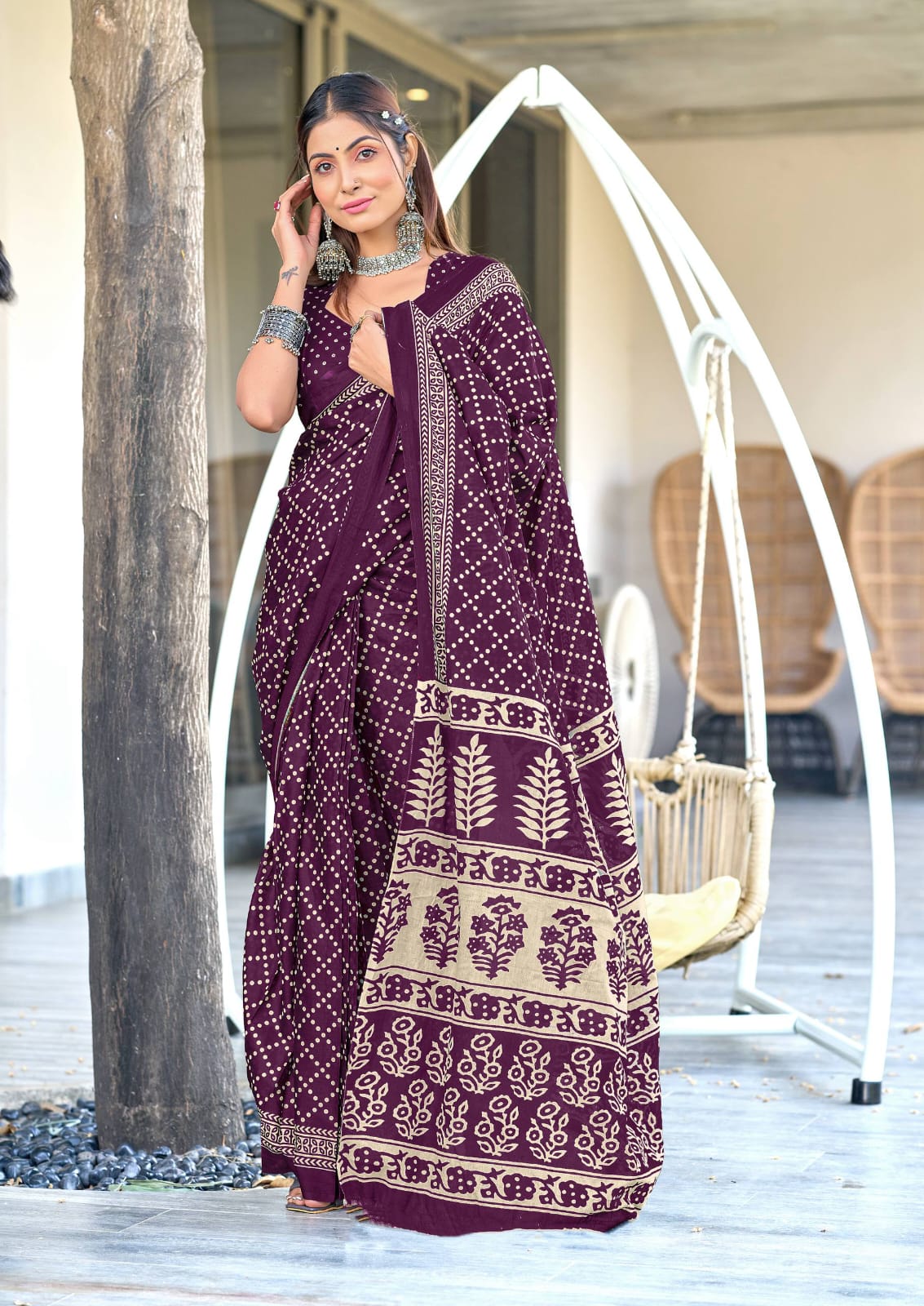 Ajrakh Bandhani Cotton Printed (Purple) Ready To Wear Pocket Saree