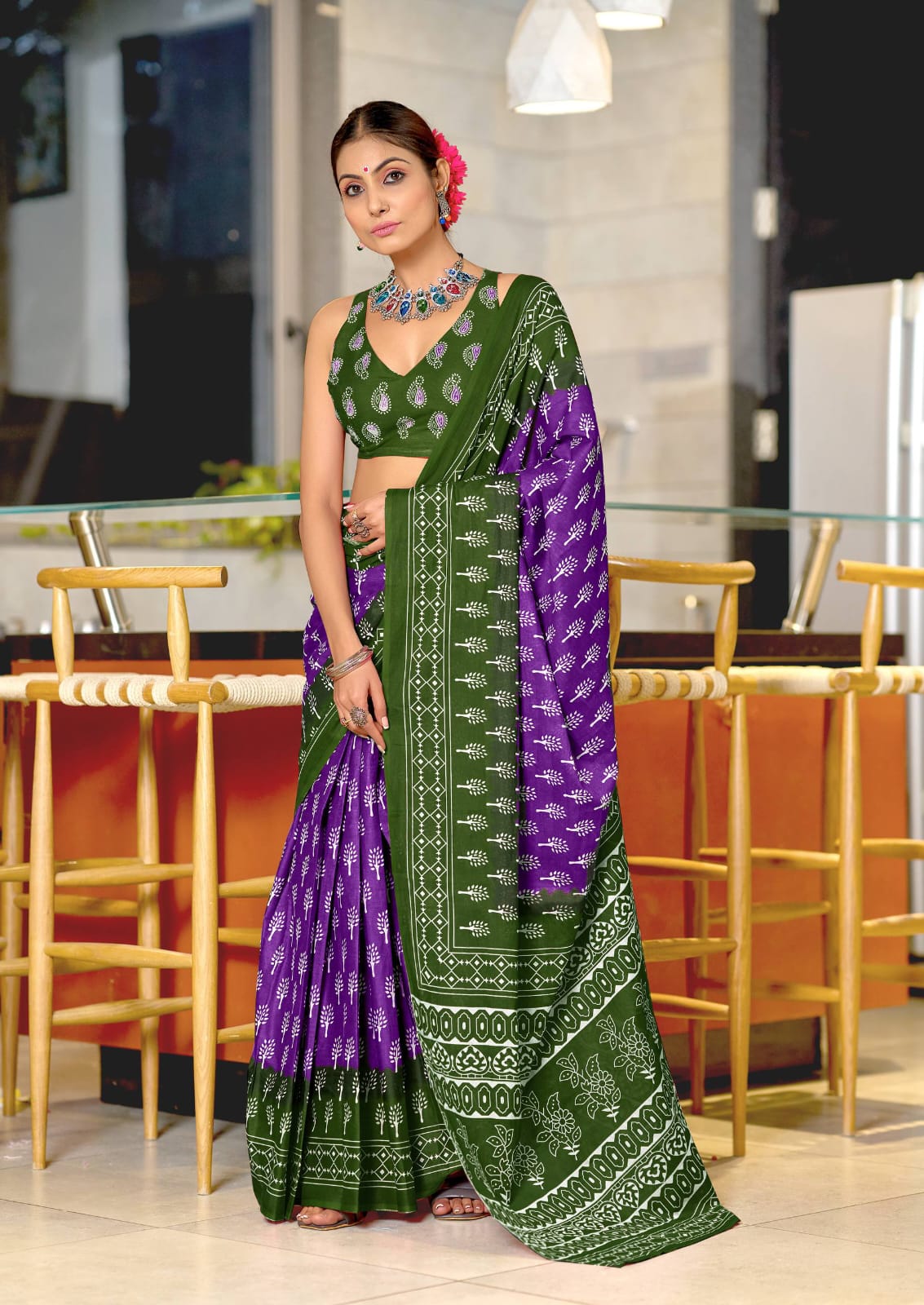 Forest Flame Cotton Printed (D) Ready To Wear Pocket Saree