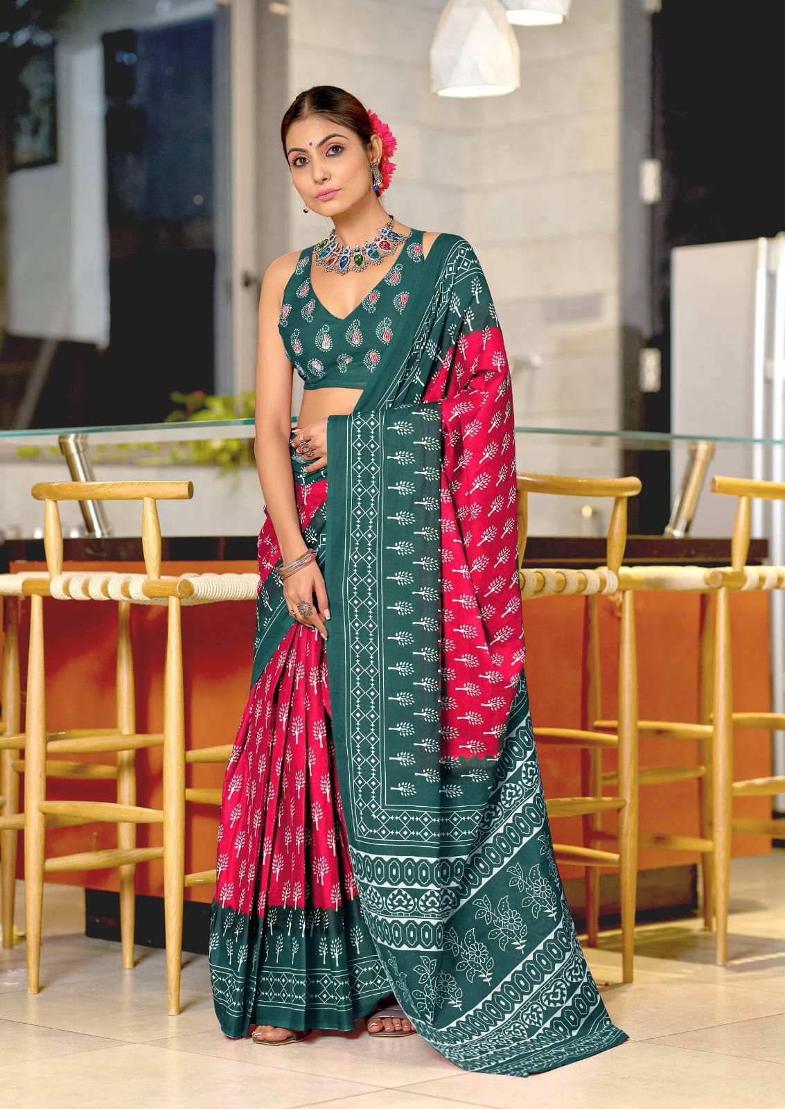 Forest Flame Cotton Printed (A) Ready To Wear Pocket Saree