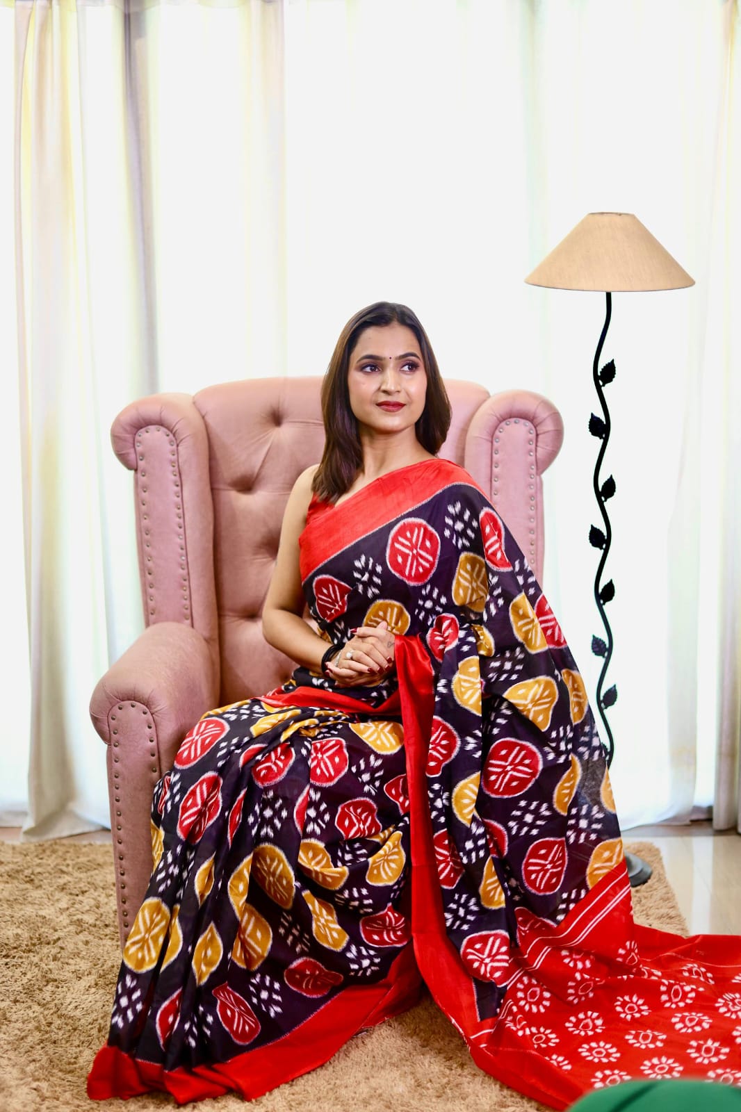 Mulmul Cotton Ikat Printed (A) Ready To Wear Pocket Saree