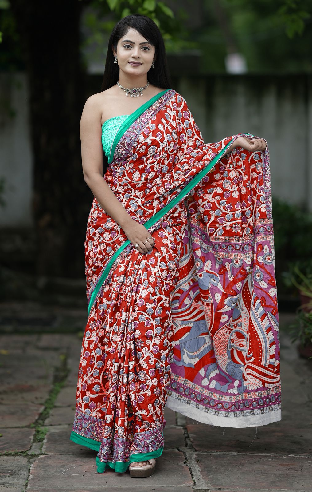 Mulmul Cotton Ajrakh (Red) Printed Ready To Wear Pocket Saree