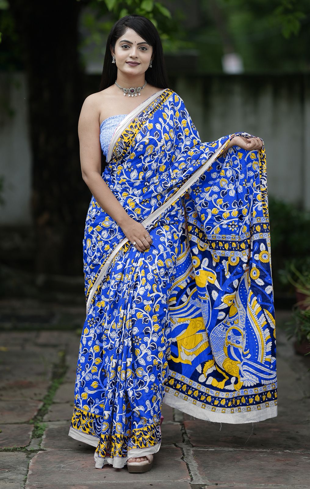 Mulmul Cotton Ajrakh (Blue) Printed Ready To Wear Pocket Saree