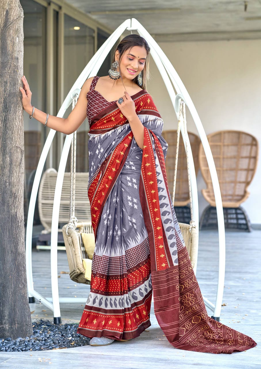 Mulmul Cotton Ikat Print (B) Ready To Wear Pocket Saree