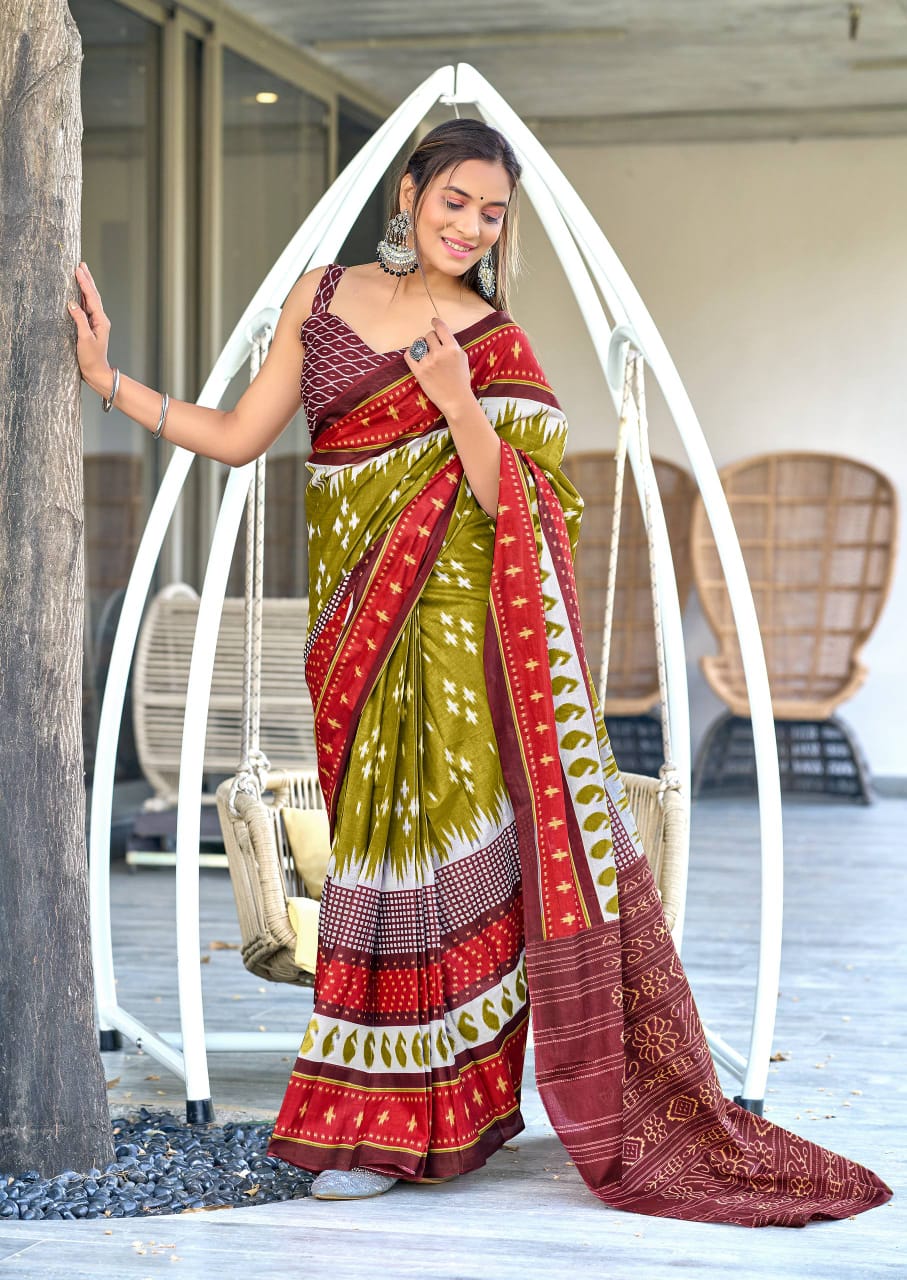 Mulmul Cotton Ikat Print (A) Ready To Wear Pocket Saree