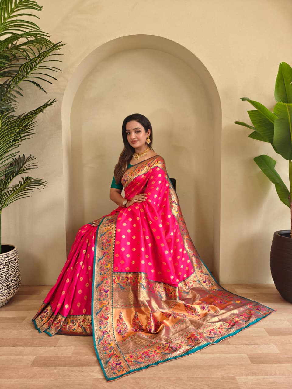 Vihangini Powerloom Paithani Silk (Pink) Ready To Wear Pocket Saree