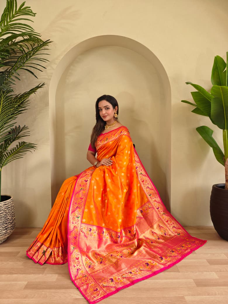 Vihangini Powerloom Paithani Silk (Orange) Ready To Wear Pocket Saree