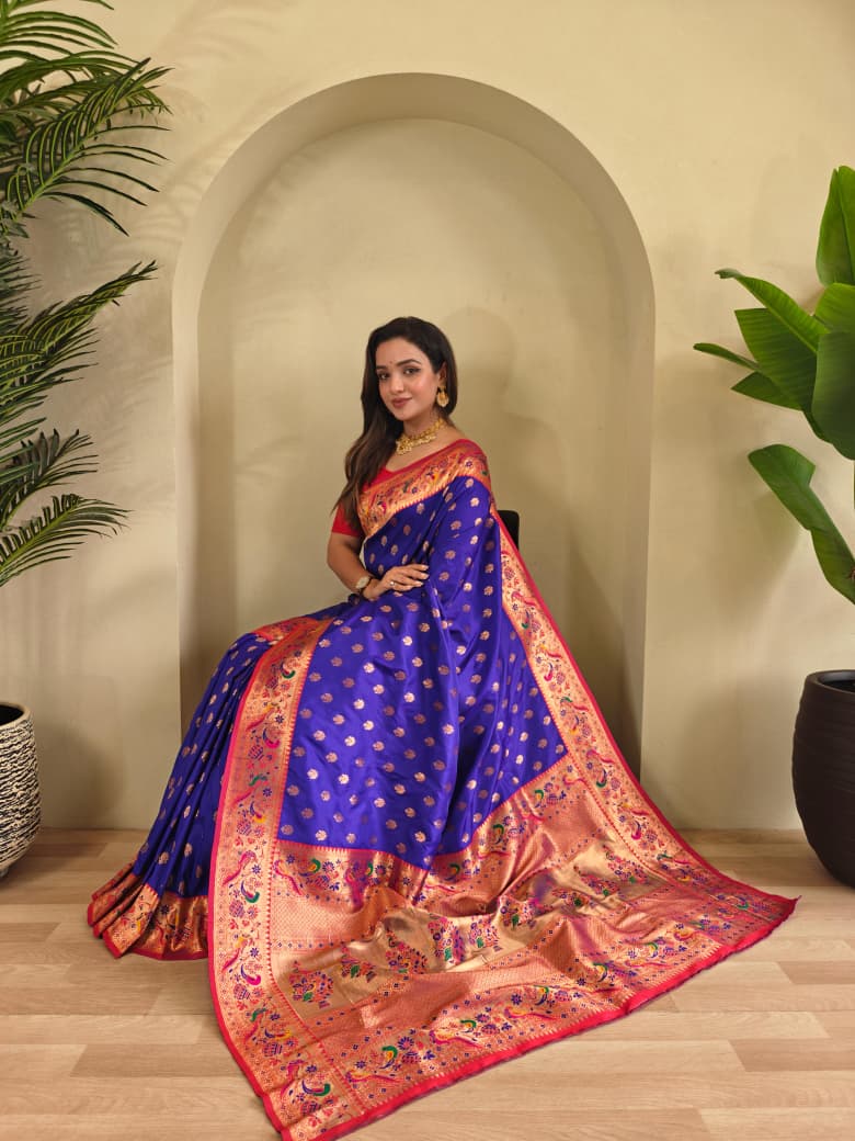 Vihangini Powerloom Paithani Silk (Royal Blue) Ready To Wear Pocket Saree