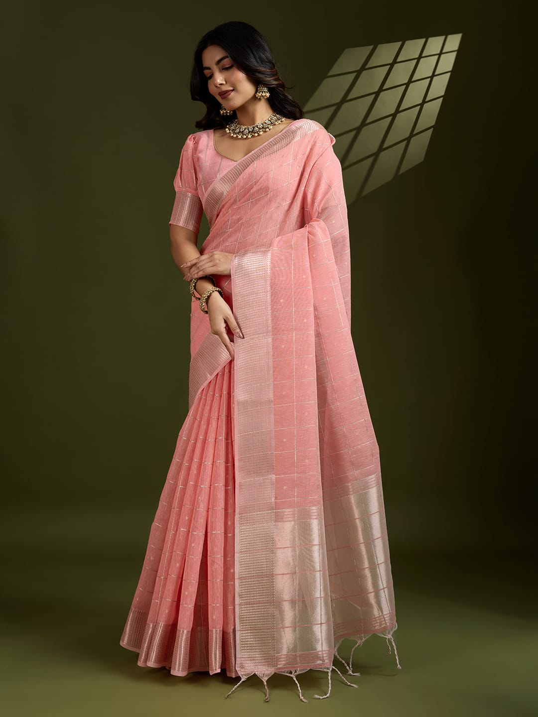 Shimmer Mist Tissue Linen Silk (Pink) Ready To Wear Pocket Saree