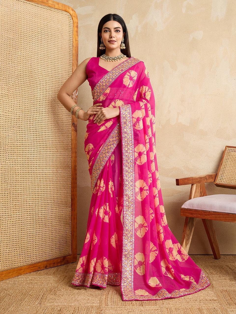 Georgette Bandhej (Pink) Ready To Wear Pocket Saree