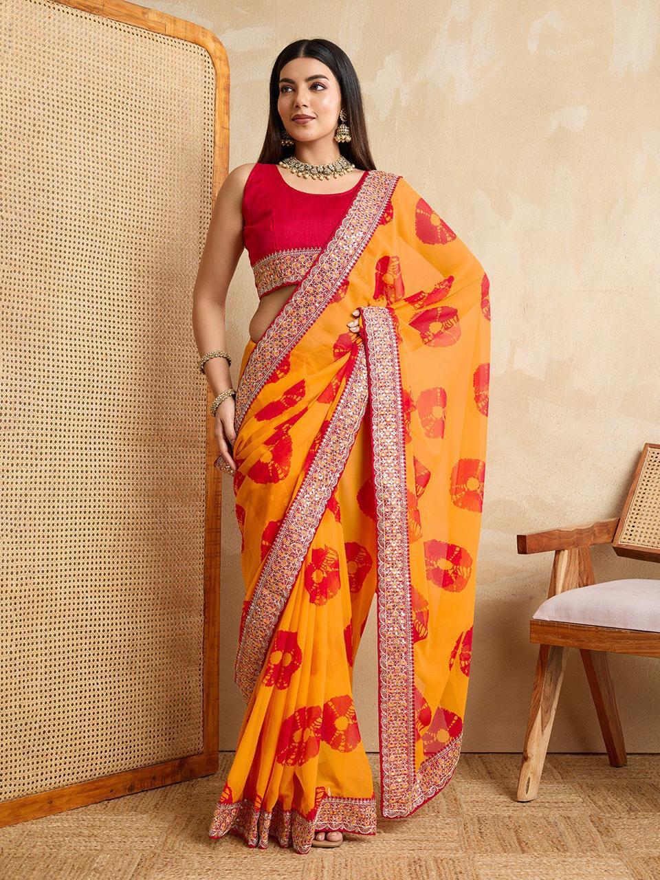 Georgette Bandhej (Yellow) Ready To Wear Pocket Saree