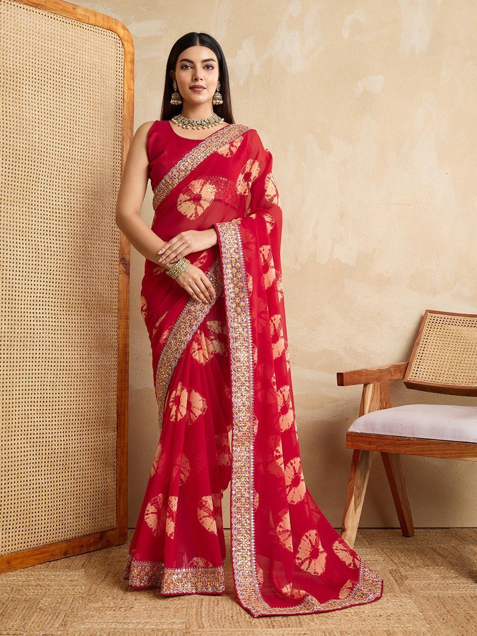Georgette Bandhej (Red) Ready To Wear Pocket Saree