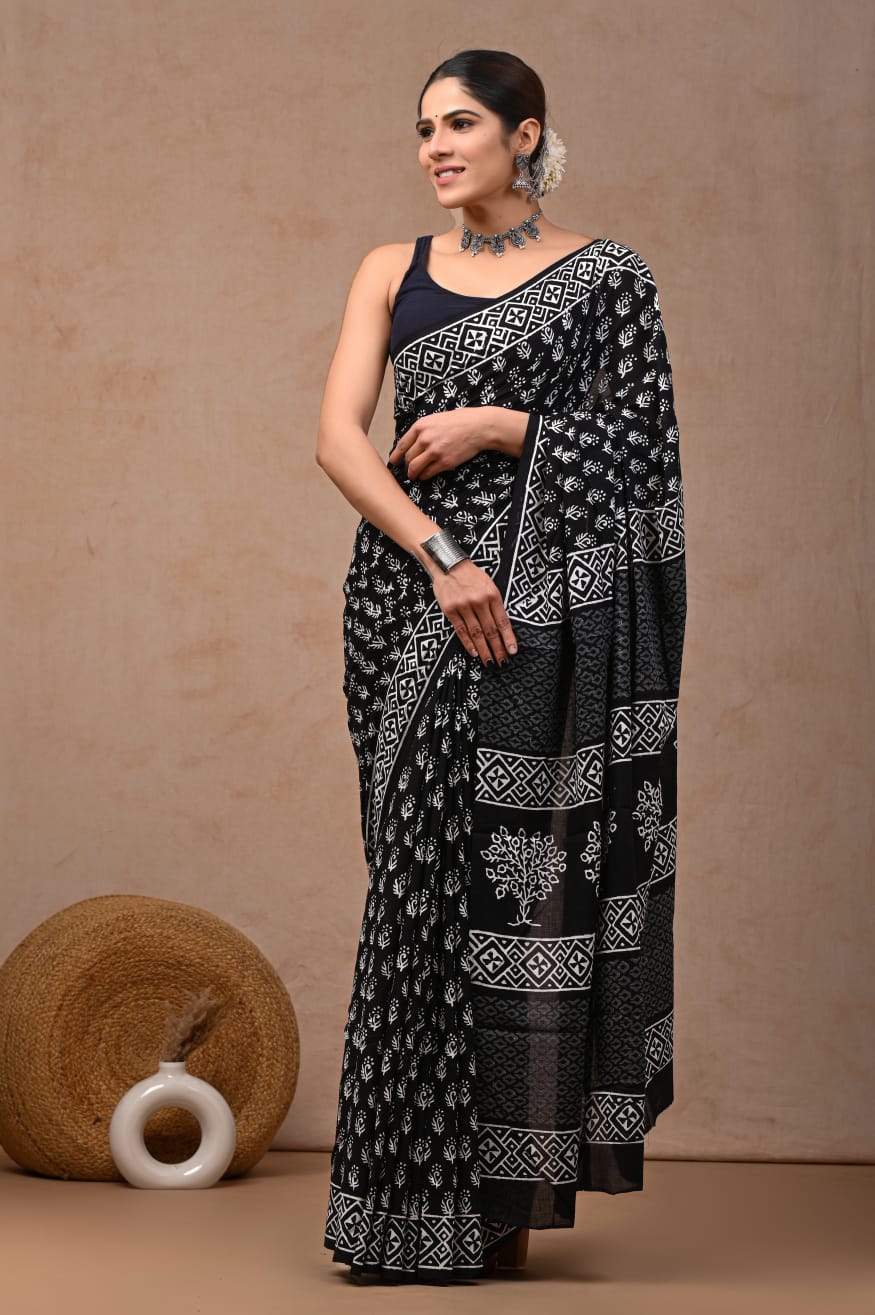 Black Veil Mul Cotton Ready To Wear Pocket Saree