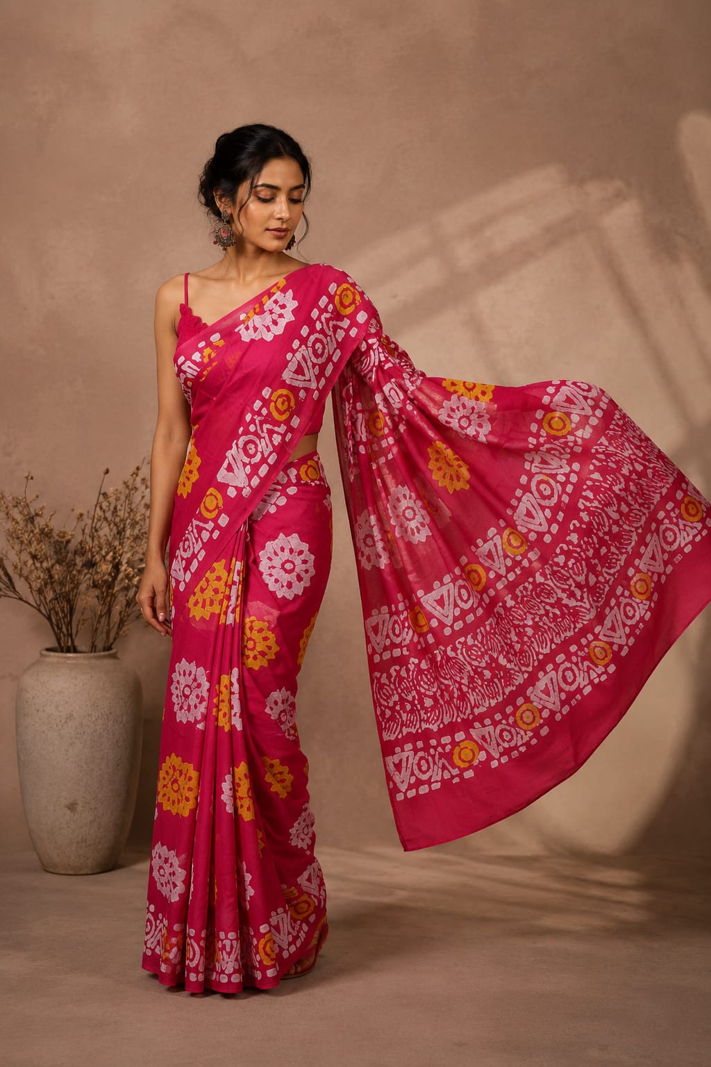 Pink Flora Mul Cotton Ready To Wear Pocket Saree
