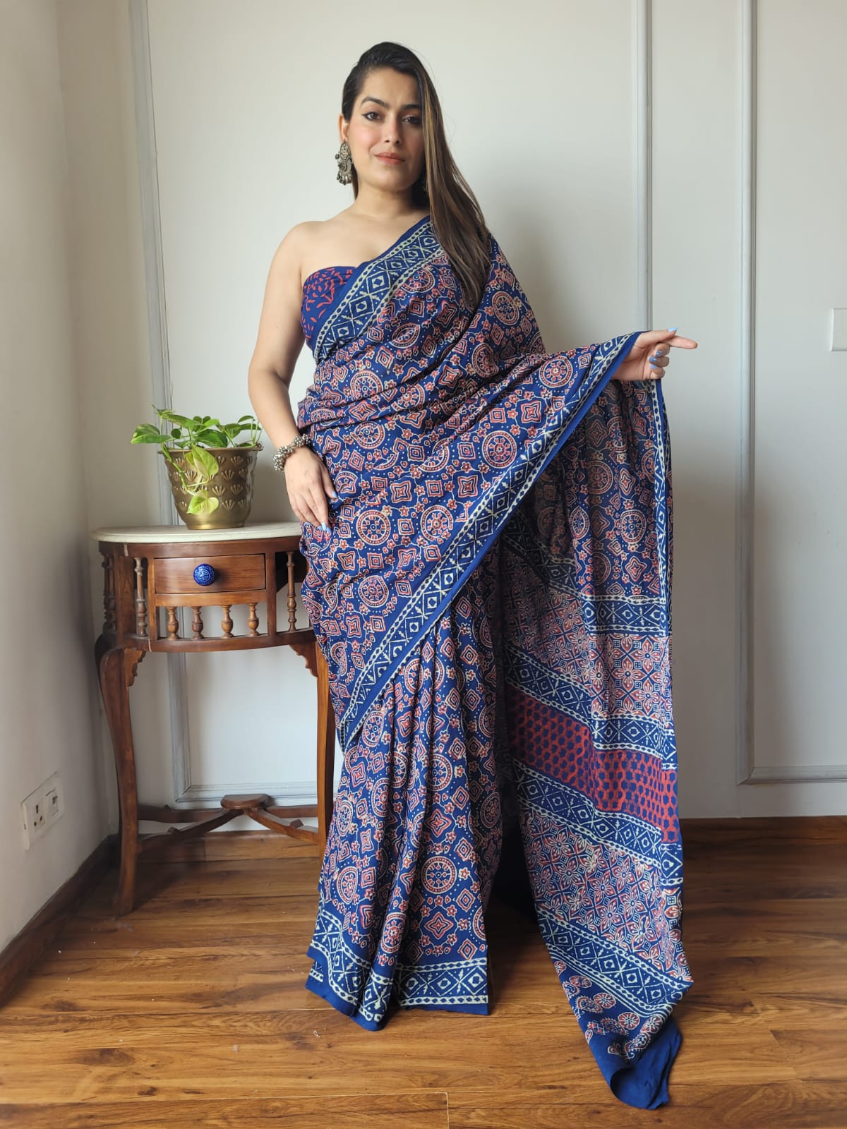 Ajrakh Heritage Mul Cotton Hand Block Printed Ready To Wear  Pocket Saree
