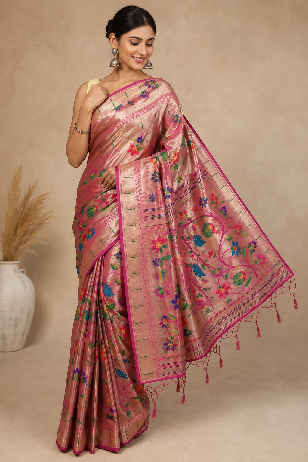 Full-length shot of a model wearing the rose-pink Jacquard Paithani ready-to-wear pocket saree, featuring woven pink, blue, purple, and green floral motifs, a patterned border, and a tassel-trimmed pallu.
