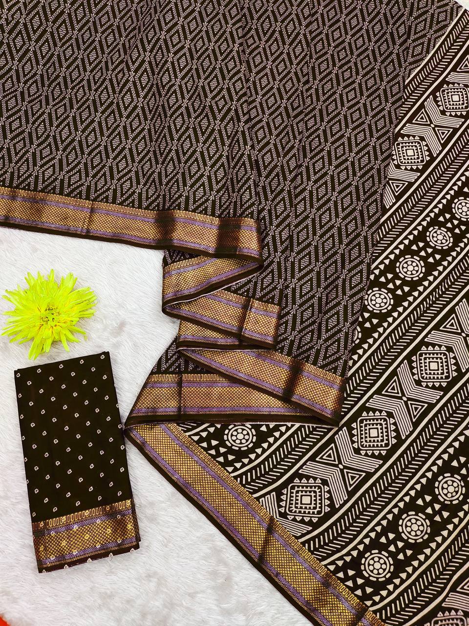 Mulmul Cotton (Brown) Bandhani Printed Ready To Wear Pocket Saree