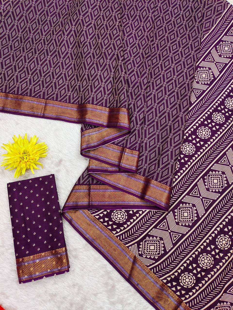 Mulmul Cotton (Purple) Bandhani Printed Ready To Wear Pocket Saree