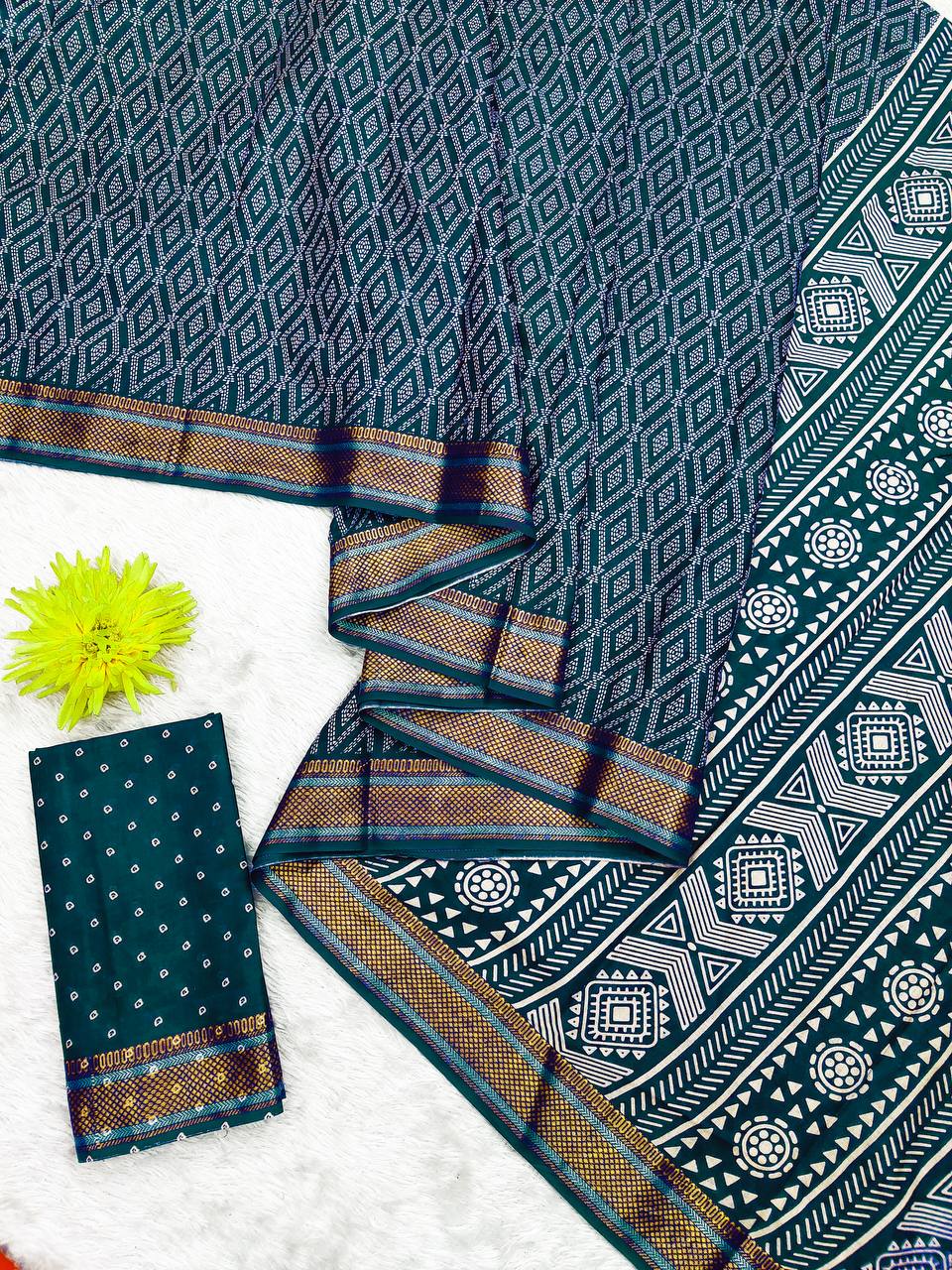 Mulmul Cotton (Blue) Bandhani Printed Ready To Wear Pocket Saree
