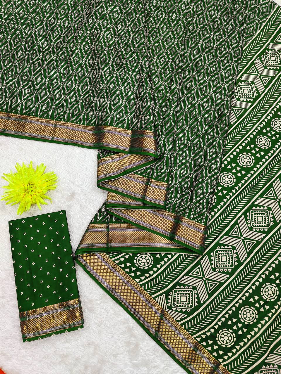 Mulmul Cotton (Green) Bandhani Printed Ready To Wear Pocket Saree