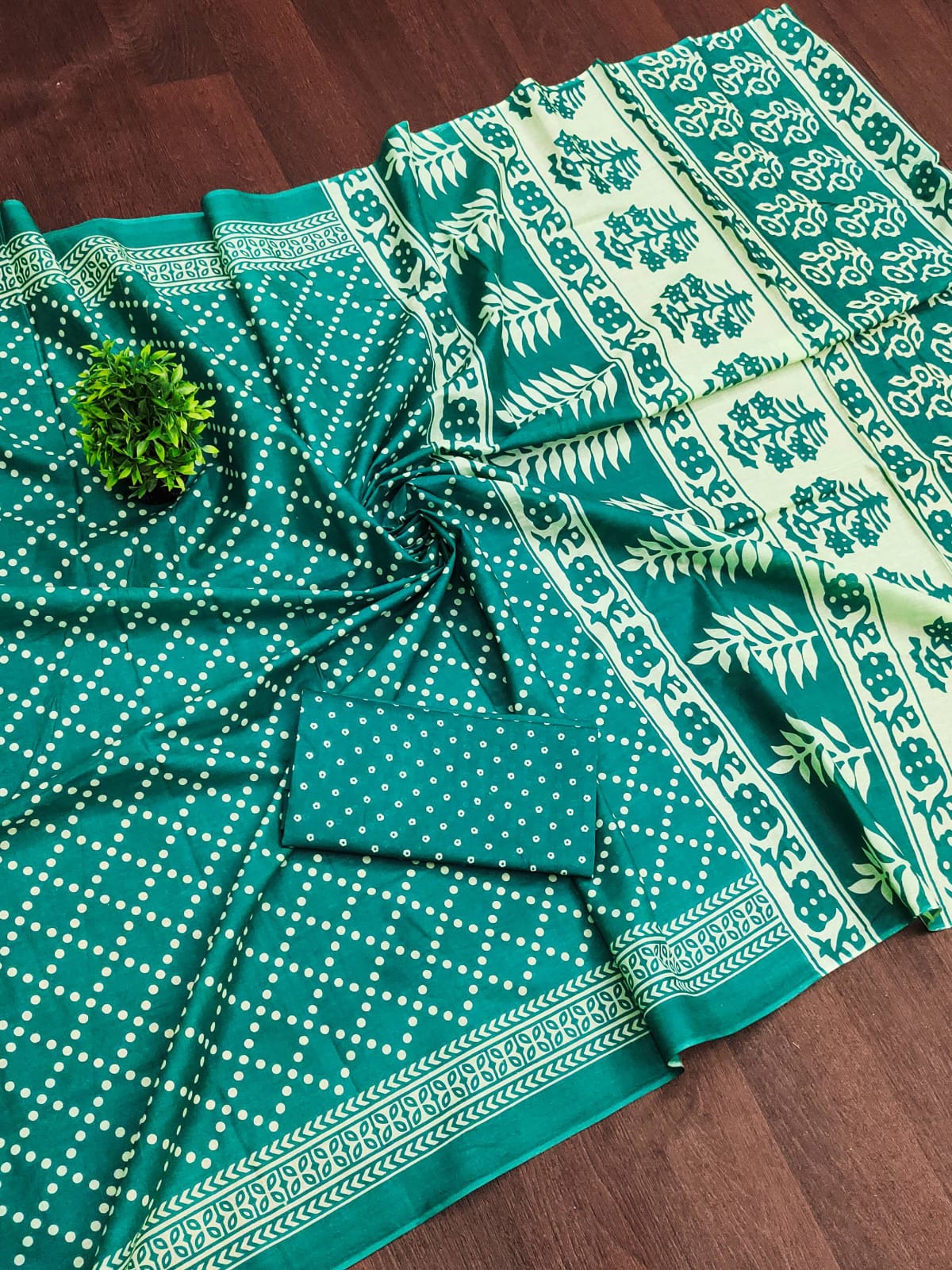 Ajrakh Bandhani Cotton Printed (Teal Green) Ready To Wear Pocket saree