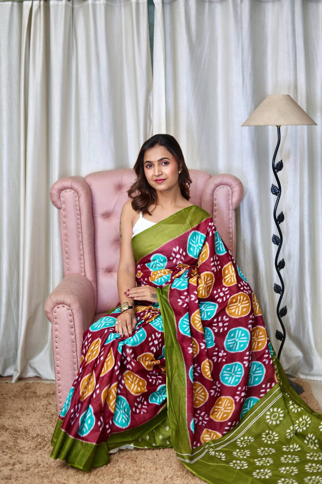 Mulmul Cotton Ikat Printed (B) Ready To Wear Pocket Saree