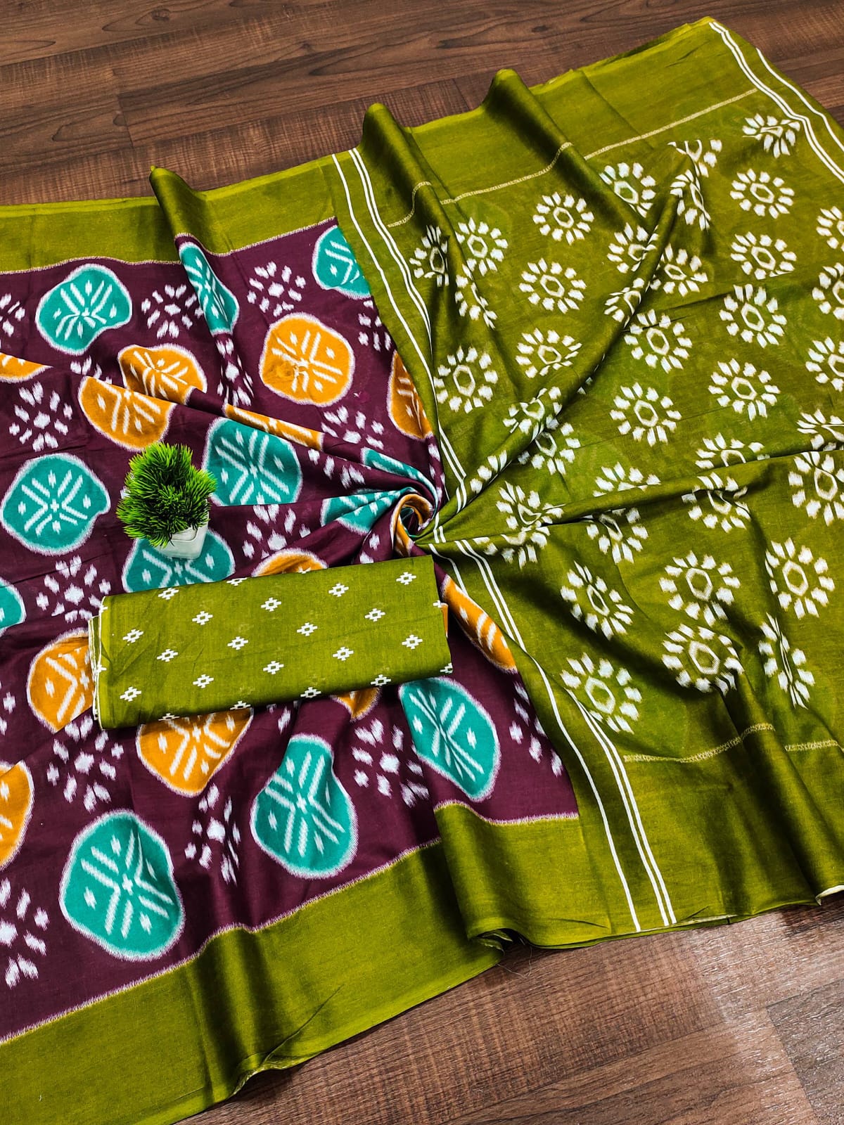 Mulmul Cotton Ikat Printed (B) Ready To Wear Pocket Saree