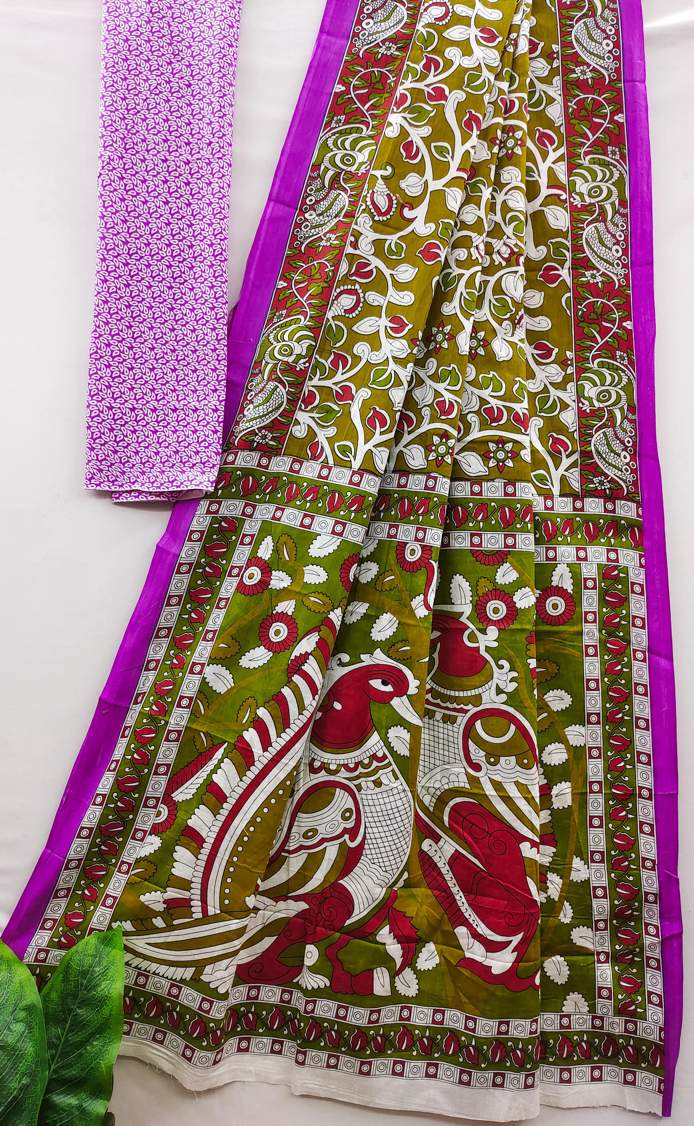 Mulmul Cotton Ajrakh (Mehandi Green) Printed Ready To Wear Pocket Saree