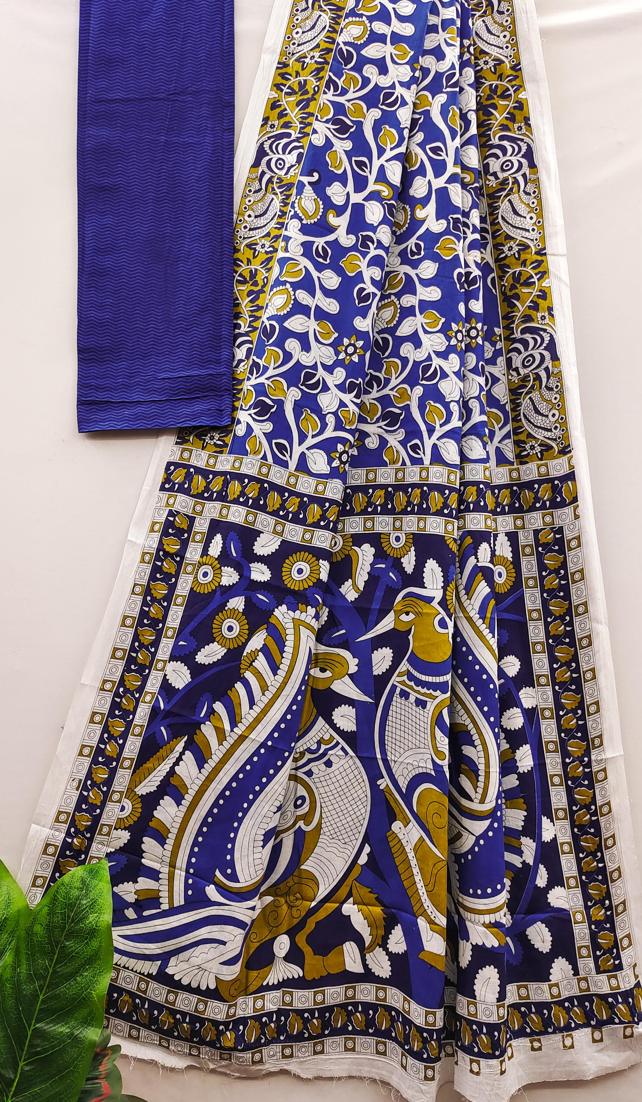 Mulmul Cotton Ajrakh (Blue) Printed Ready To Wear Pocket Saree