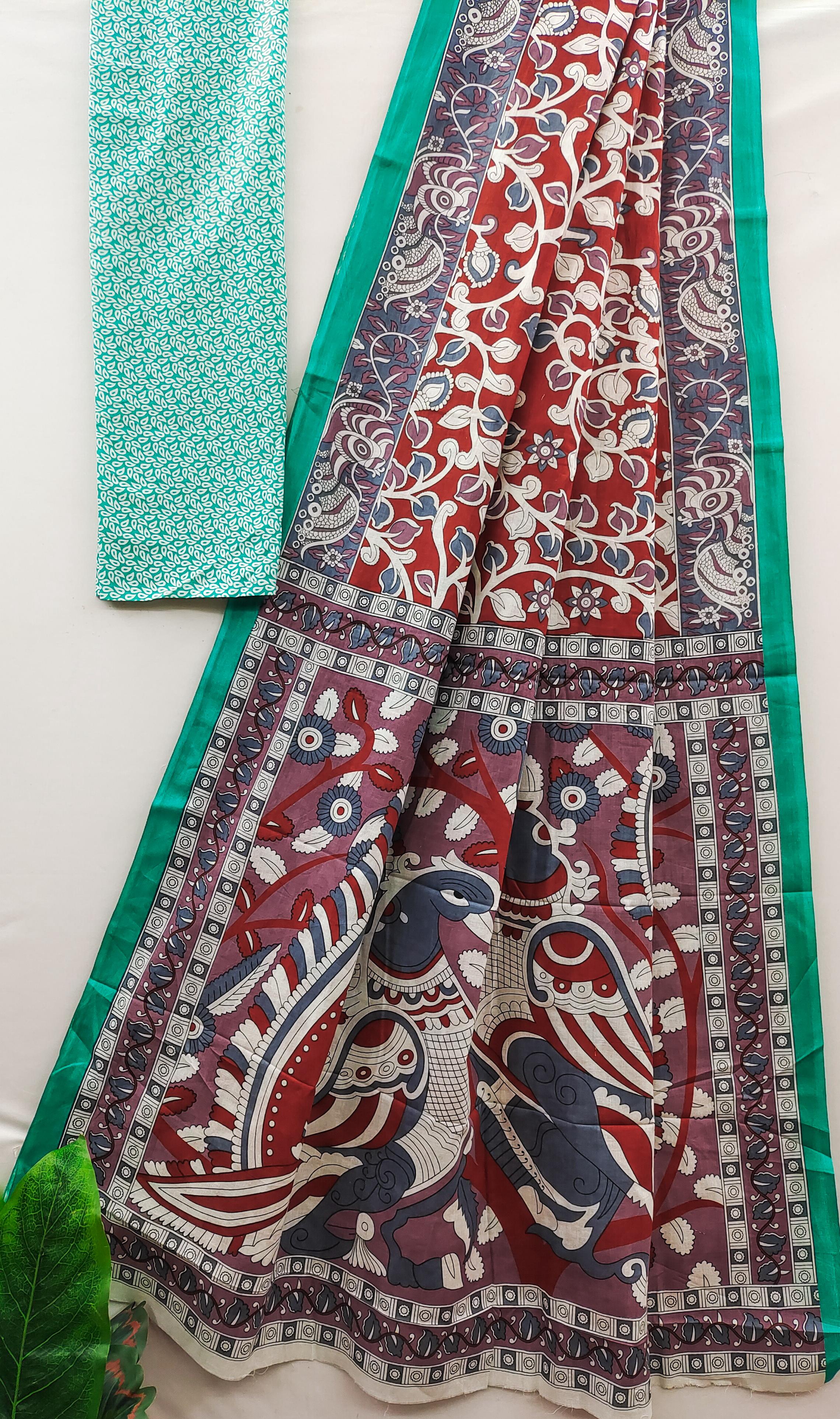 Mulmul Cotton Ajrakh (Red) Printed Ready To Wear Pocket Saree