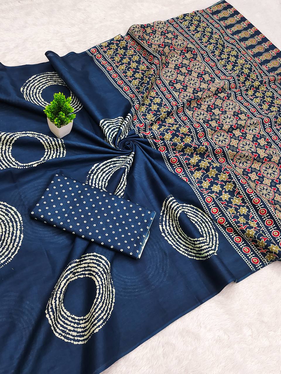 Ajrakh Bandhej Mulmul Cotton (D) Ready To Wear Pocket Saree