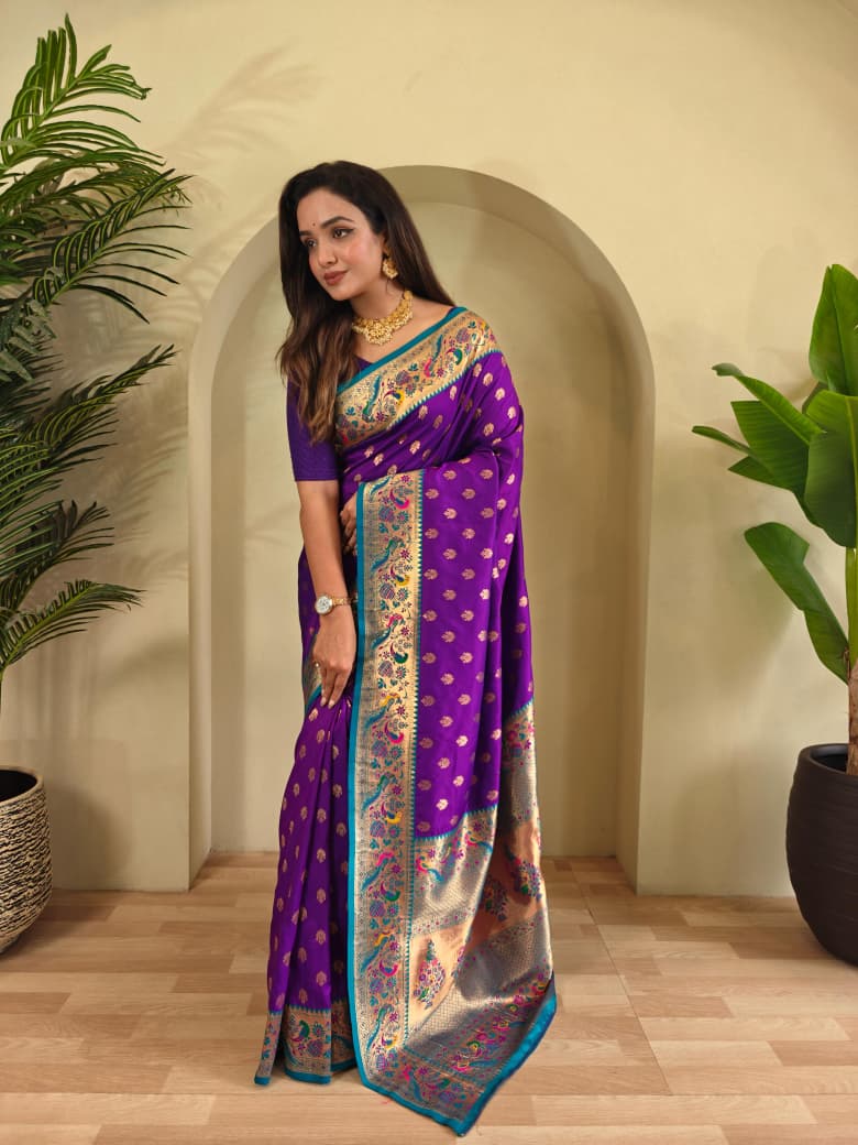 Vihangini Powerloom Paithani Silk (Purple) Ready To Wear Pocket Saree