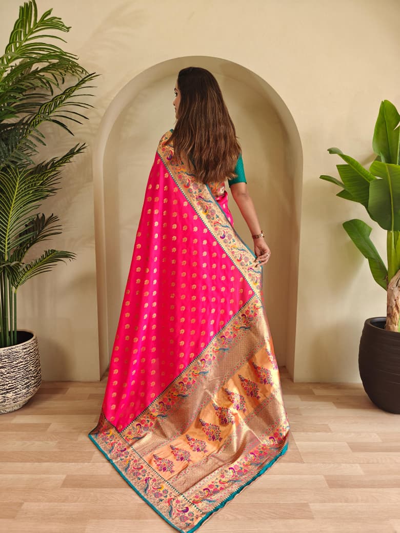 Vihangini Powerloom Paithani Silk (Pink) Ready To Wear Pocket Saree