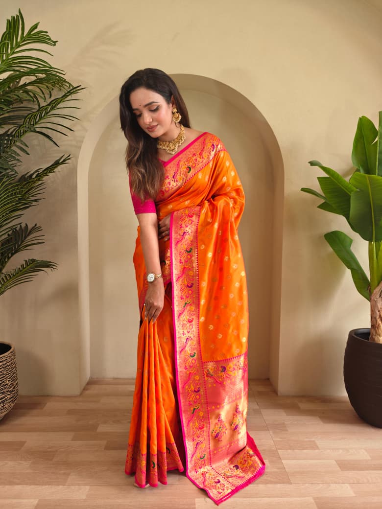 Vihangini Powerloom Paithani Silk (Orange) Ready To Wear Pocket Saree