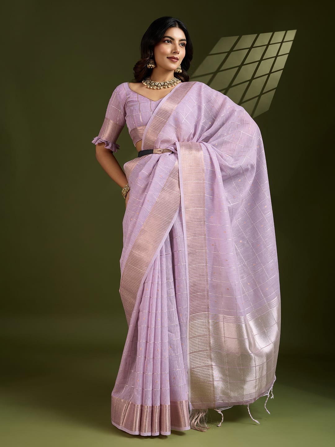 Shimmer Mist Tissue Linen Silk (Light Purple) Ready-To-Wear Pocket Saree