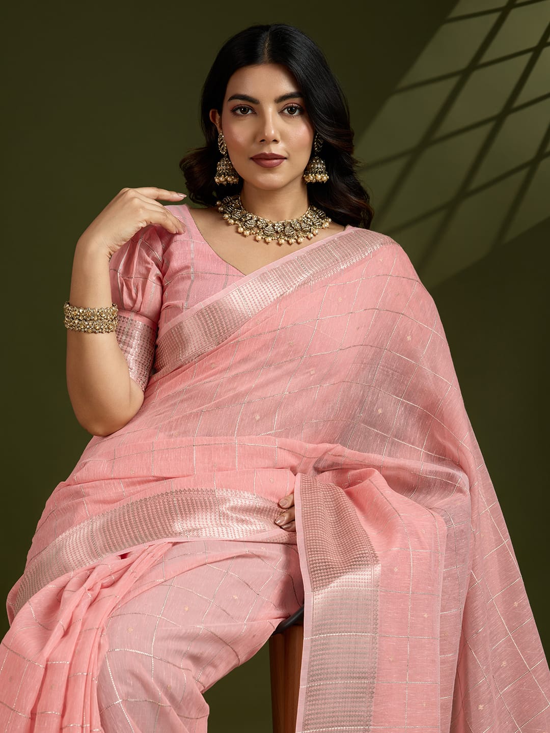 Shimmer Mist Tissue Linen Silk (Pink) Ready To Wear Pocket Saree