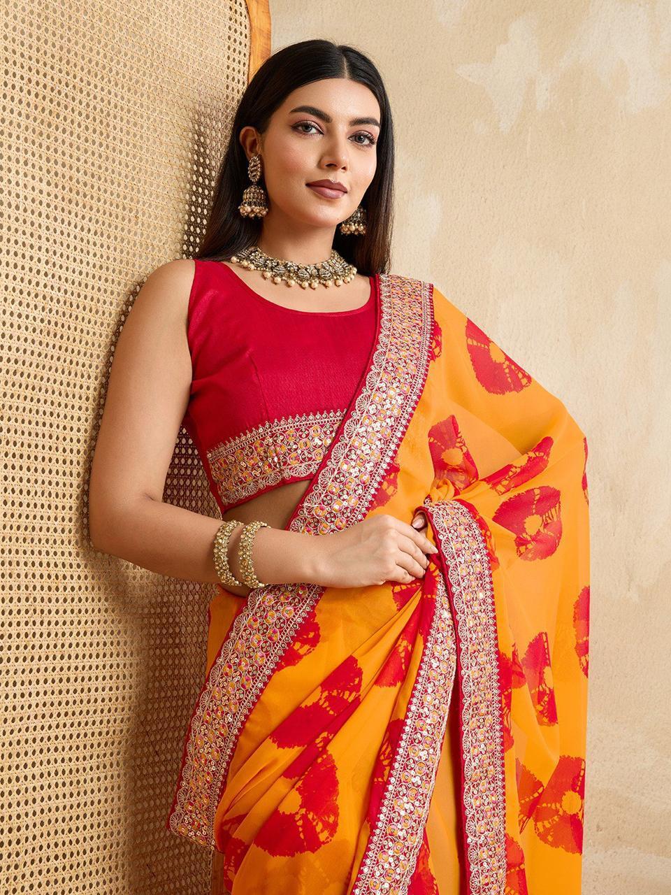 Georgette Bandhej (Yellow) Ready To Wear Pocket Saree