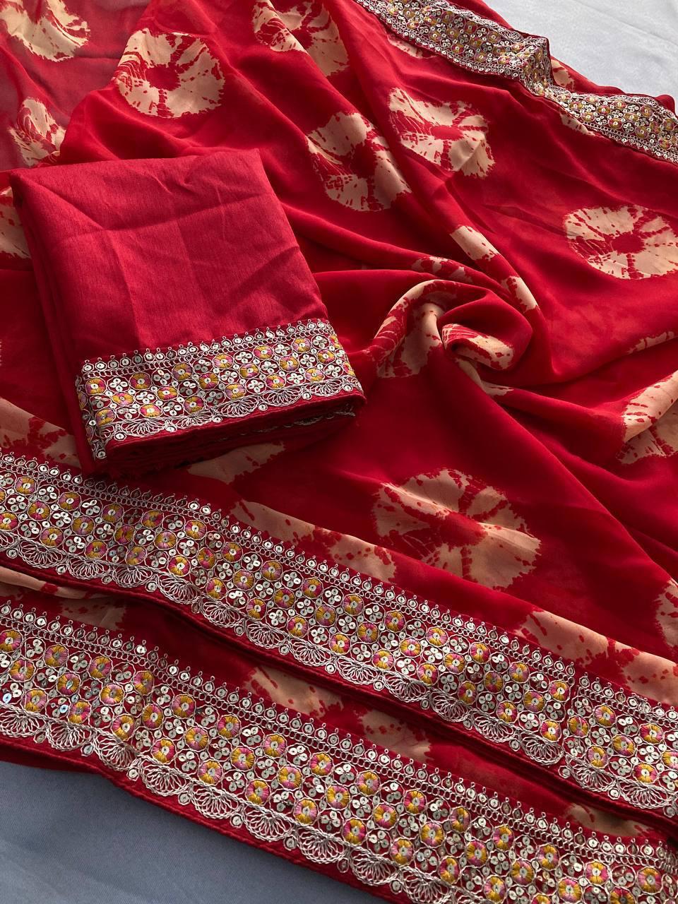Georgette Bandhej (Red) Ready To Wear Pocket Saree