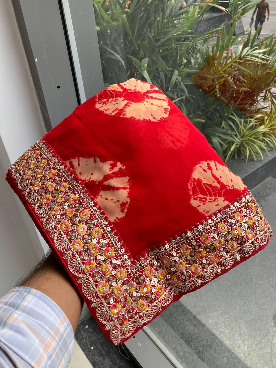 Georgette Bandhej (Red) Ready To Wear Pocket Saree