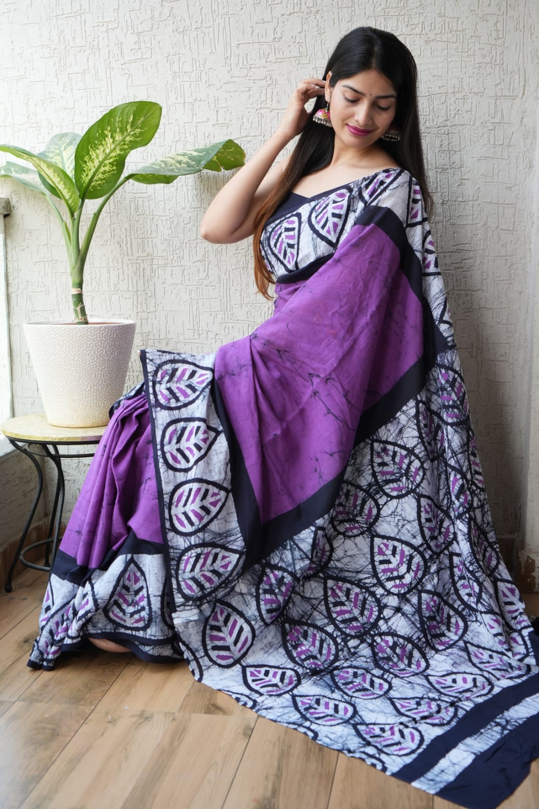Leaf Mauve Mul Cotton Ready-To-Wear Pocket Saree