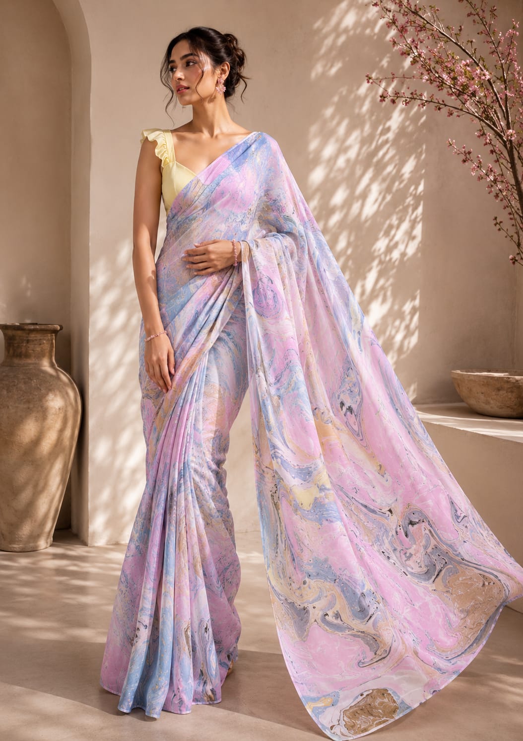 Ivory Marble Mul Cotton Ready-To-Wear Pocket Saree
