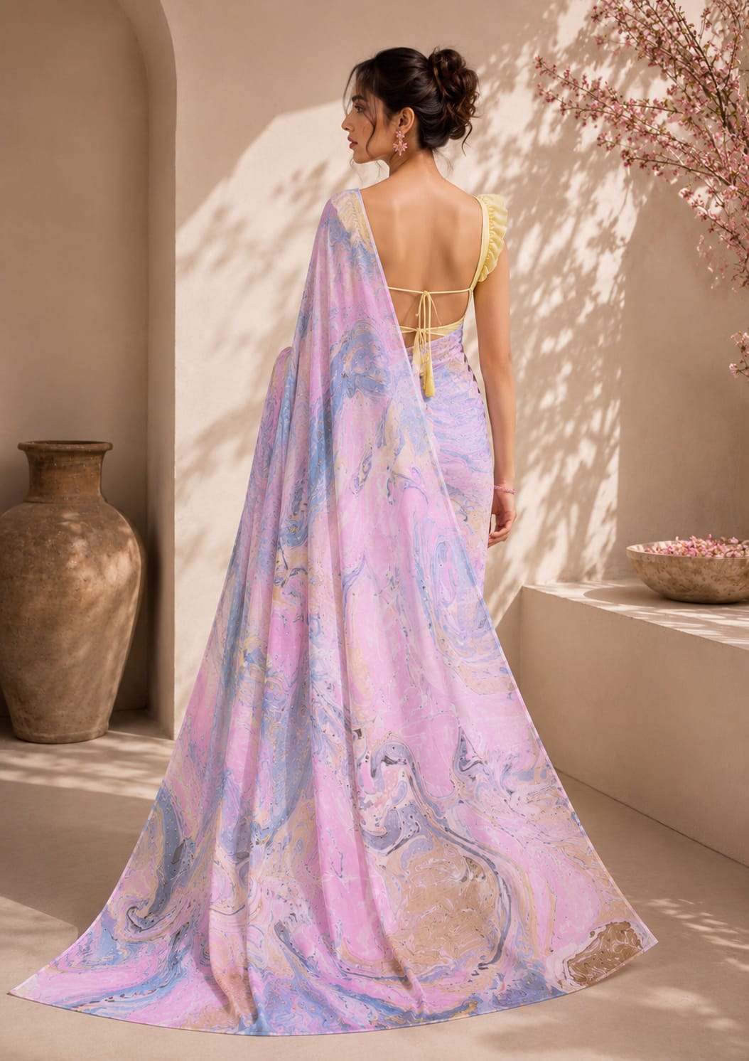 Ivory Marble Mul Cotton Ready-To-Wear Pocket Saree