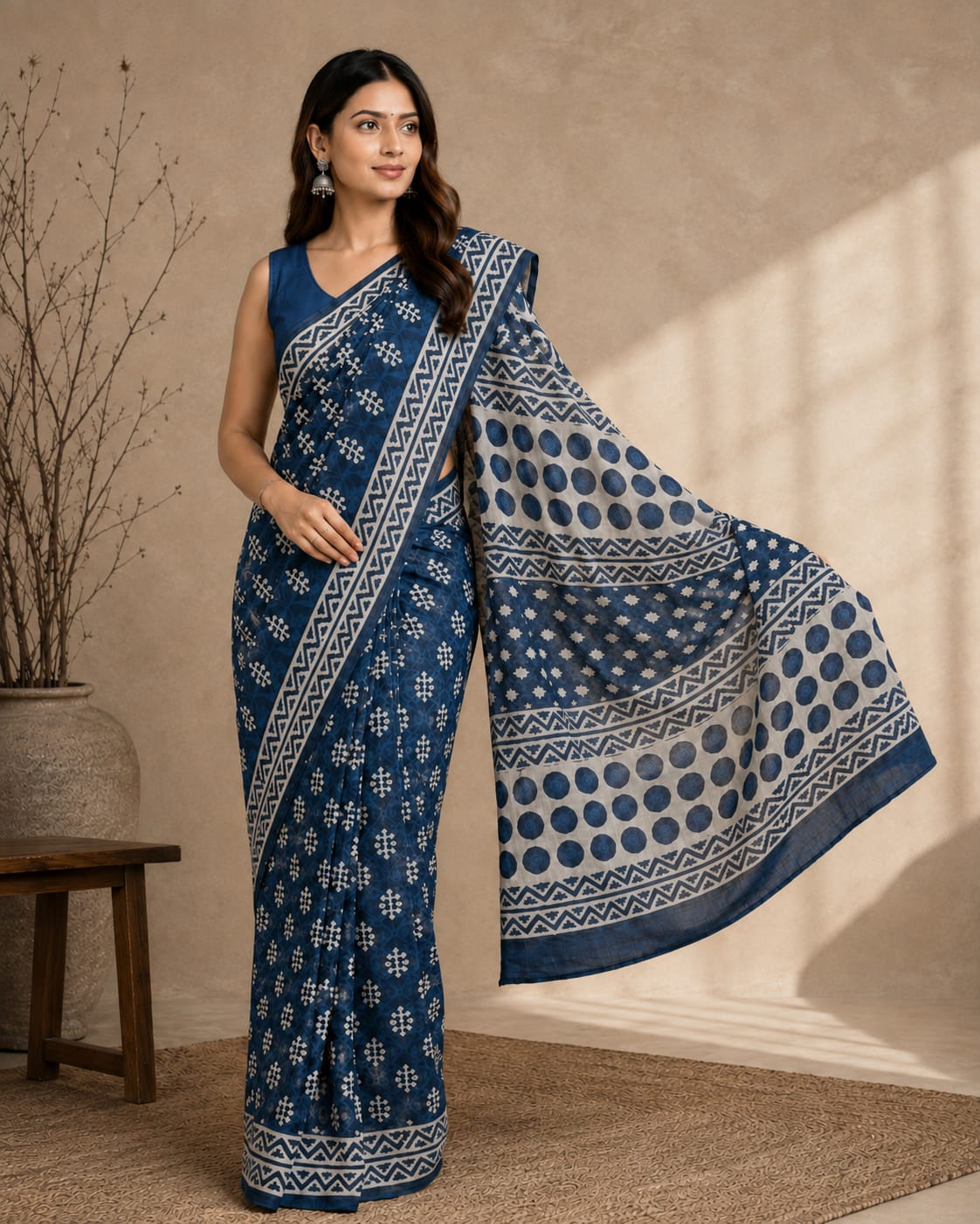 Aangan Mul Cotton Ready To Wear Pocket Saree | Blue