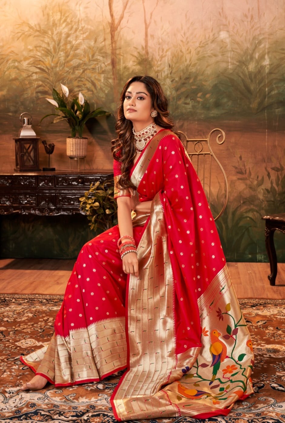 Lavanya Powerloom Paithani Silk Ready To Wear Pocket Saree | Red