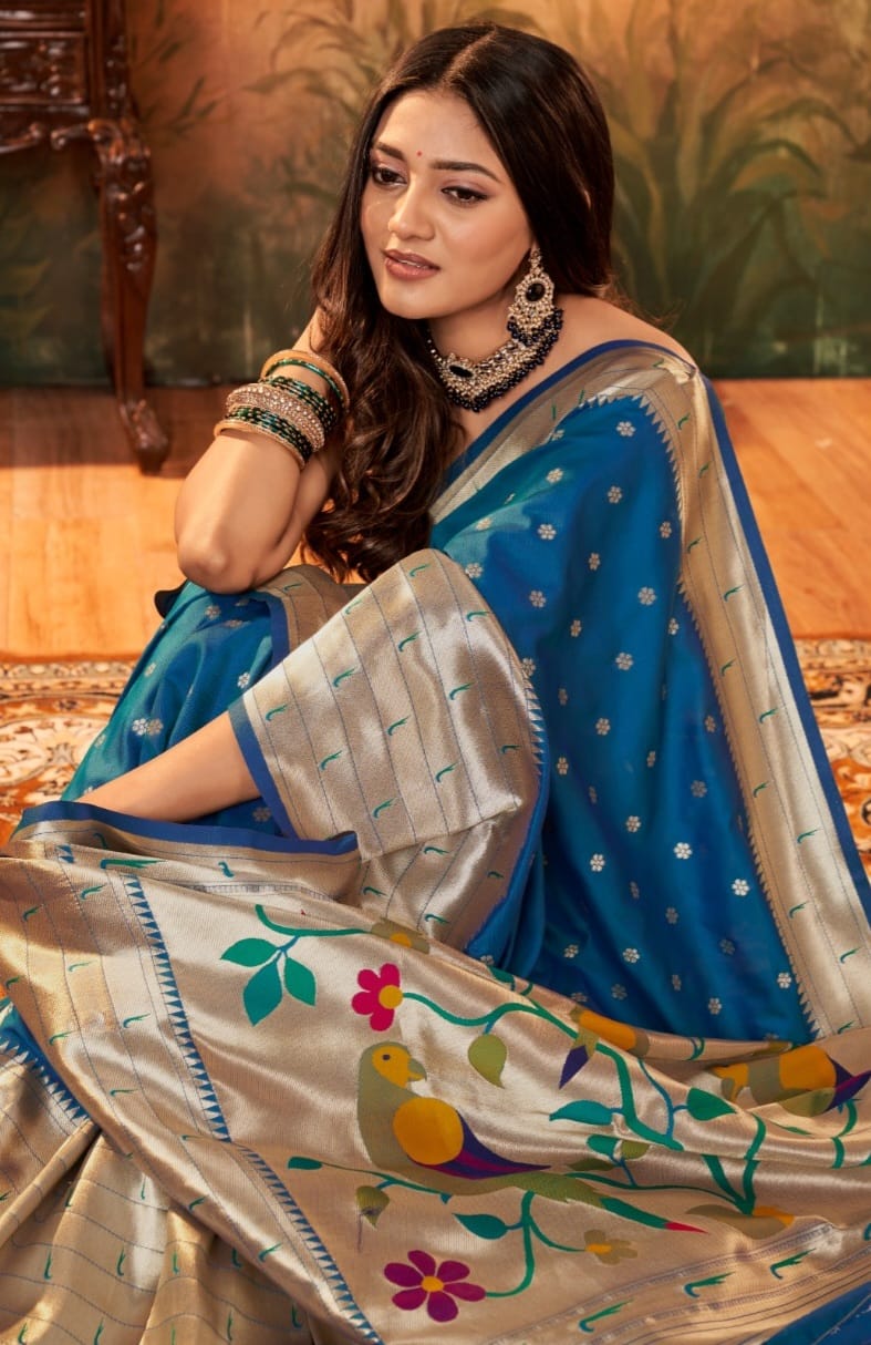 Lavanya Powerloom Paithani Silk Ready To Wear Pocket Saree | Royal Blue