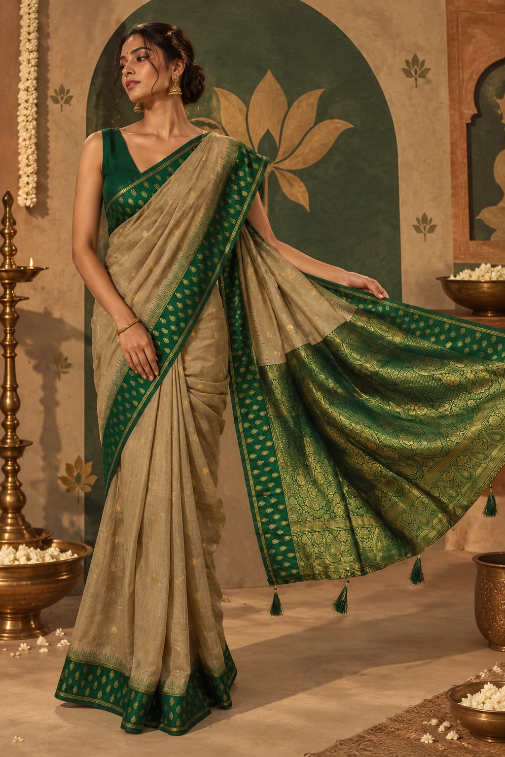 Madhvi Linen Cotton Ready To Wear Pocket saree | Olive Green